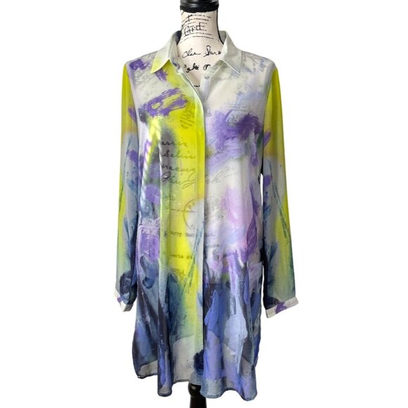 Claire Desjardins Button-Up Tunic Sheer Abstract Top Purple Yellow Womens Size M - Picture 1 of 8